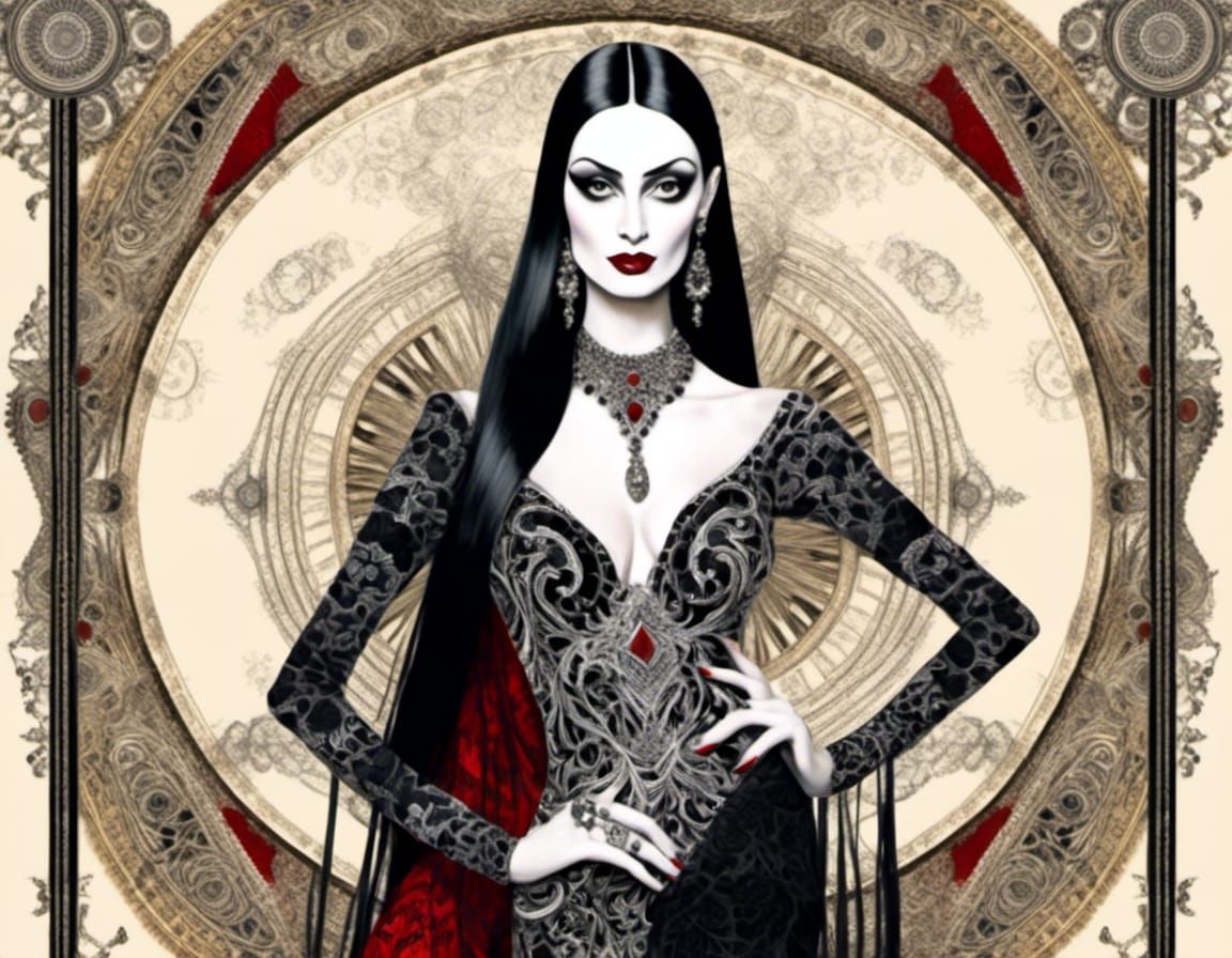 Morticia Addams in Fractal Frock, Fornasetti Style
