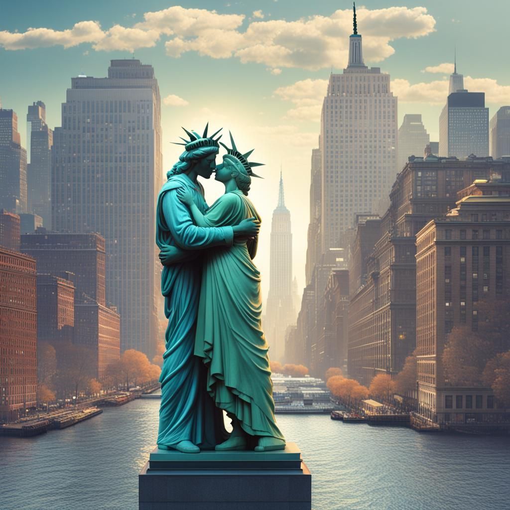 a male statue of liberty and female statue of liberty kissing, hugging, new york city, Empire State Building in the back...