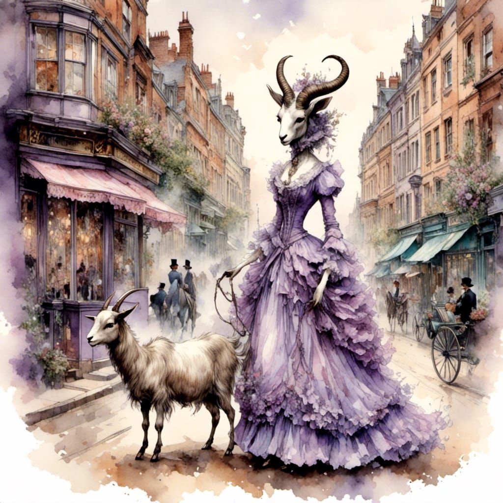 Anthropomorphic Goat Lady in Victorian London Watercolor