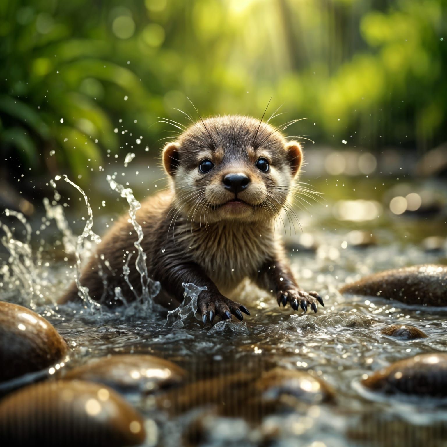Vibrant Cinematic Otter in Windswept Stream