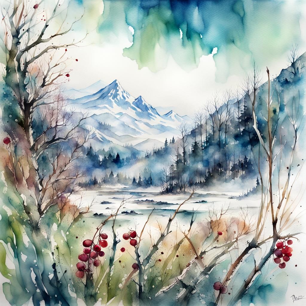 Winter Meadow: Detailed Watercolor Fantasy Landscape