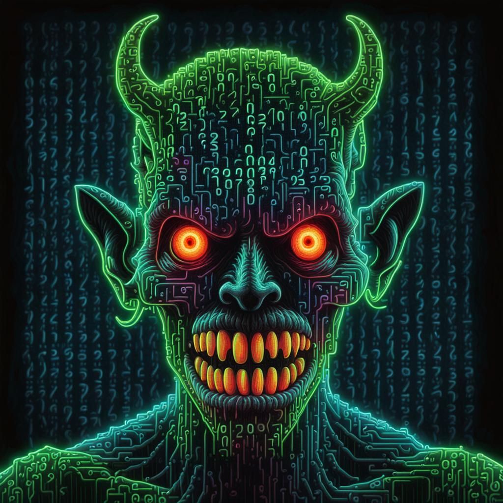Neon Horror Demon in Binary Code Art