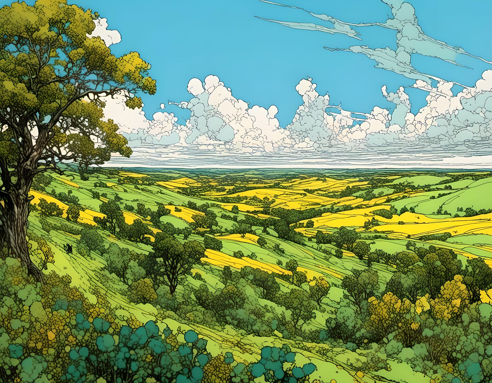 Expansive Green Farm Field Under Sunny Blue Sky