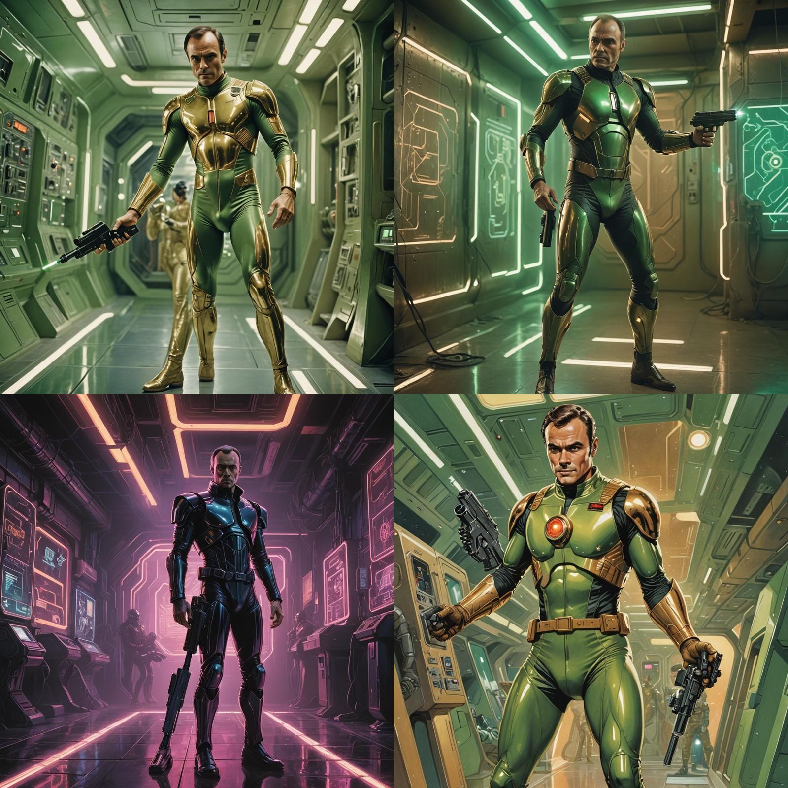 Sci-Fi Hero in Gold Suit with Laser Pistol