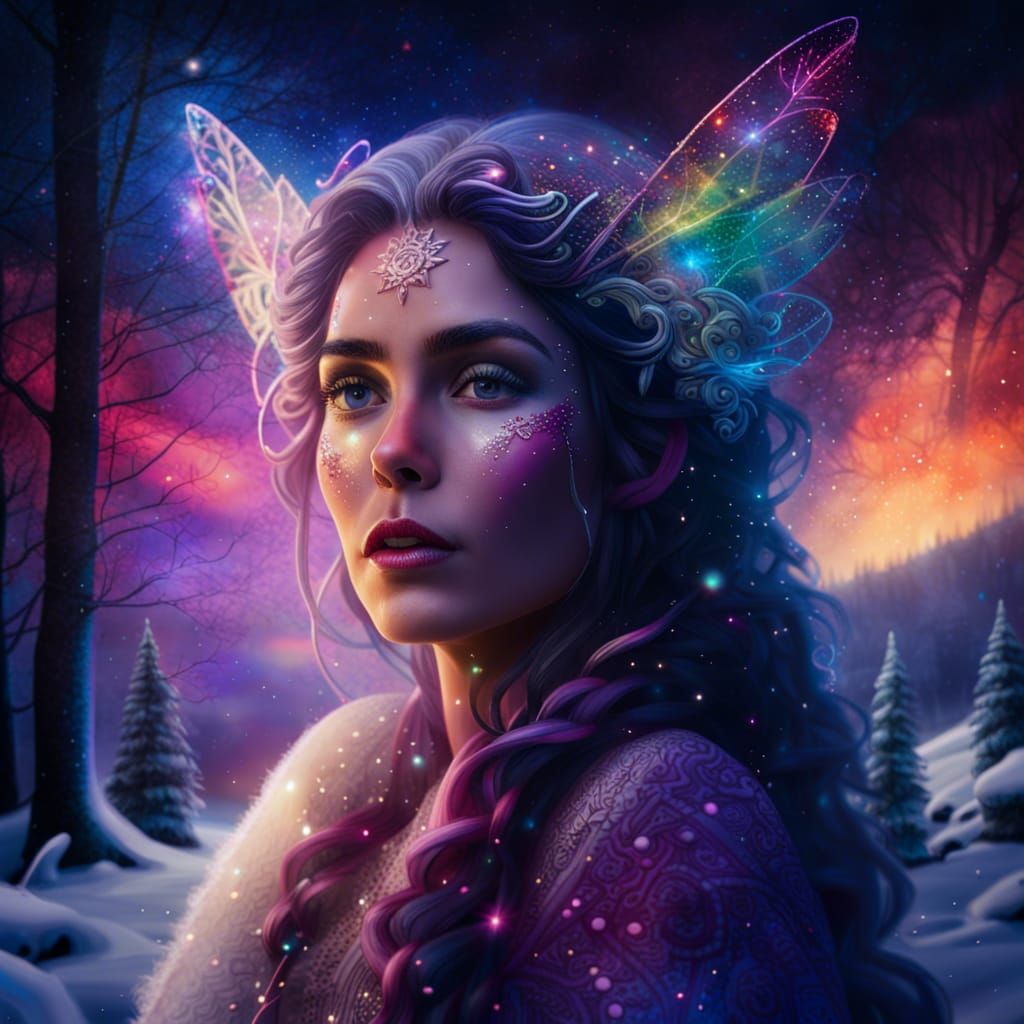 Fairy Woman in Snowy Woods at Sunset