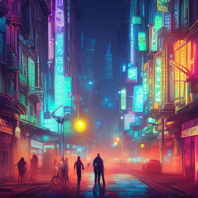 Vibrant Neon Cityscape in Comic Book Art Style