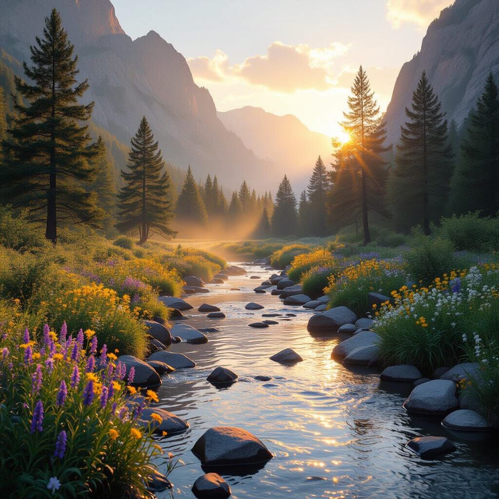 Golden Hour Mountain Valley with River