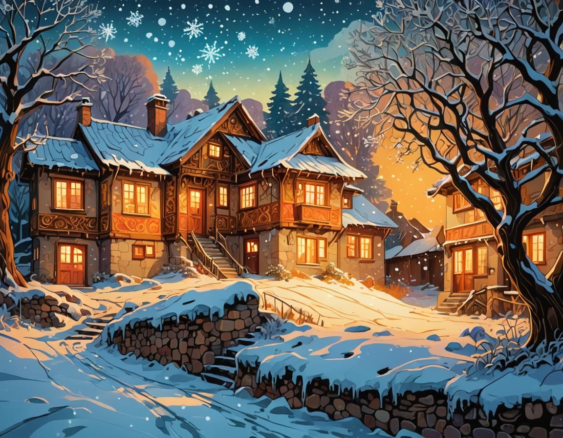 Winter Wonderland: Bulgarian House in Comic Book Style