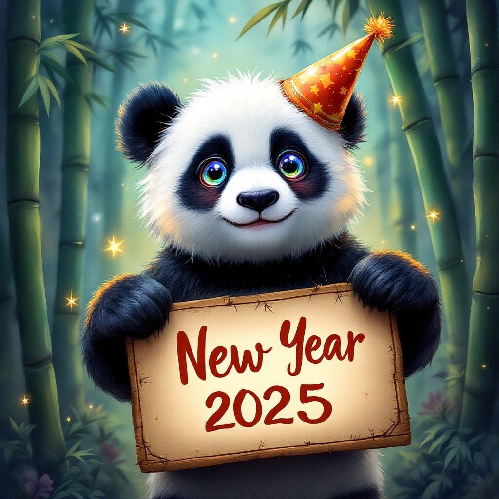 Whimsical Panda Celebrates New Year in Enchanted Bamboo Fore...