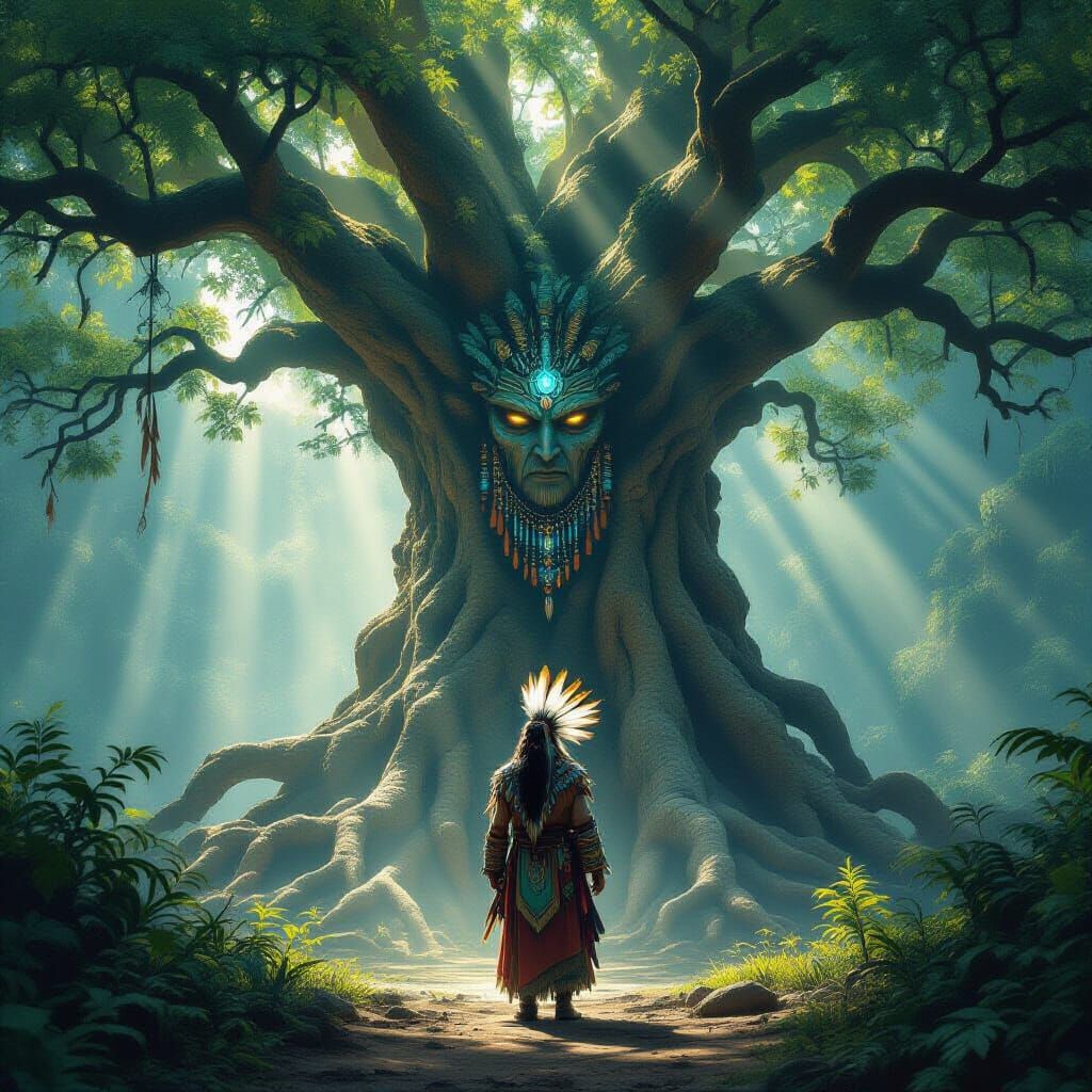 Ancient Shaman & Giant Tree in Sun-Dappled Forest