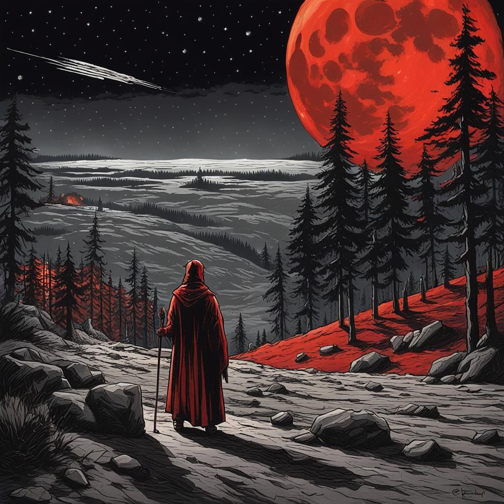 Sinister Meteor Shower Under Red Moon