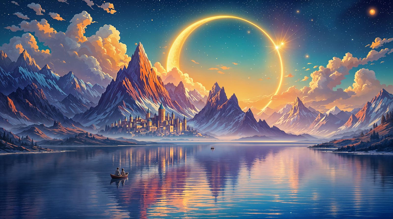 Ethereal Dreamscapes: A Serene Lake Under Golden Crescent Mo...