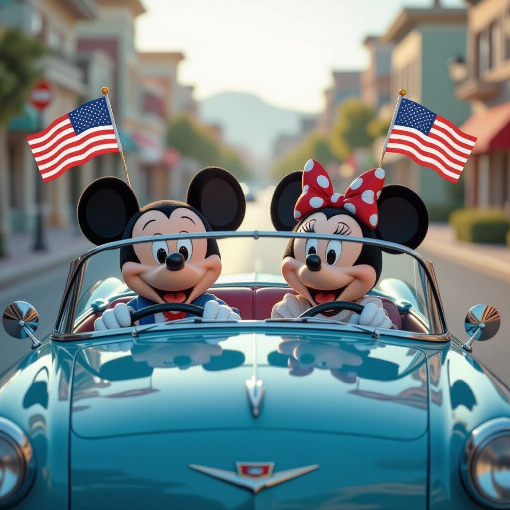 Mickey & Minnie Drive in Style with Flying Flags