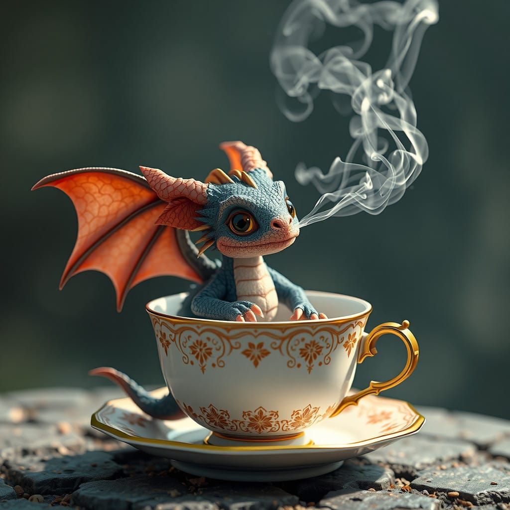 An adorably cute baby dragon sits in a teacup blowing smoke ...