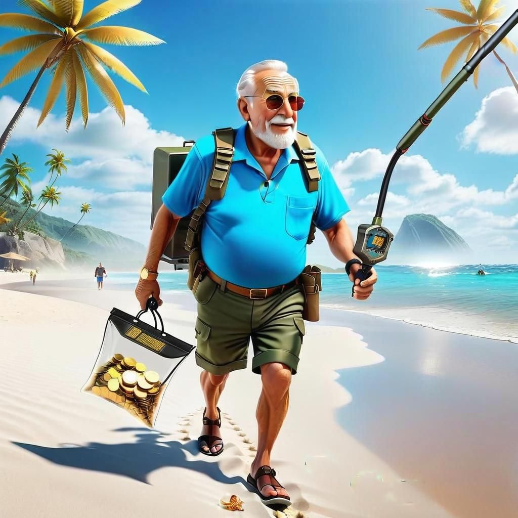 Funny Old Man with Metal Detector on Beach