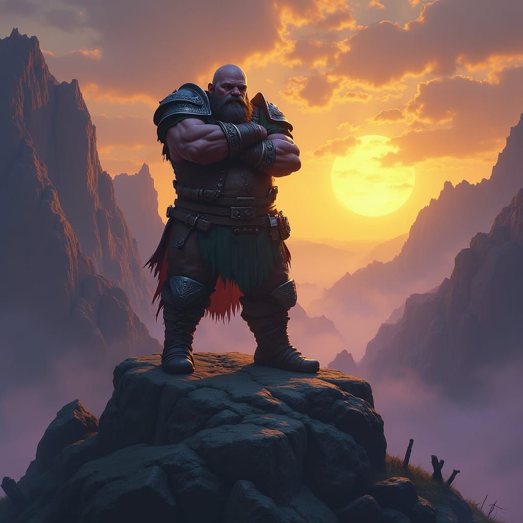 Dwarf Warrior on Mountain Peak in Dark Fantasy Style