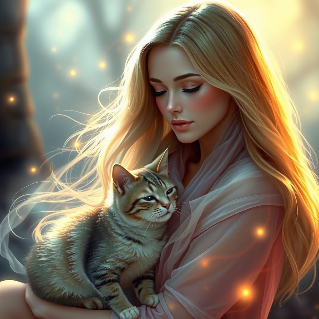 Ethereal Blonde Woman and Cat in Romantic Realism Style