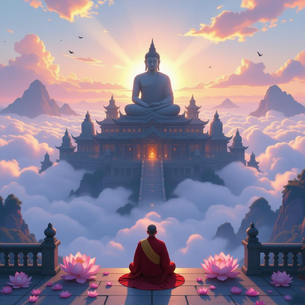 Monk Meditates at Serene Mountaintop Temple Above Clouds at ...