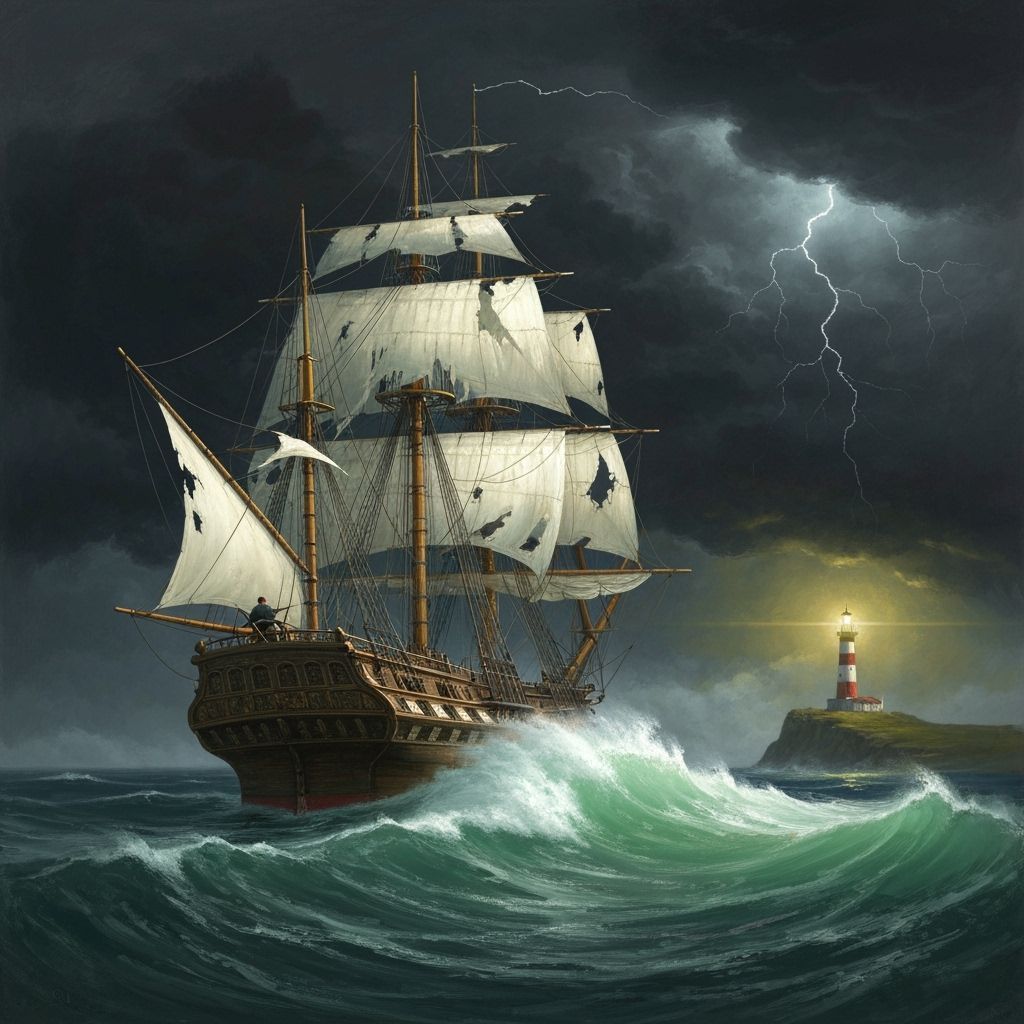 Storm-Tossed Ship Reaching Lighthouse, Romanticism Style