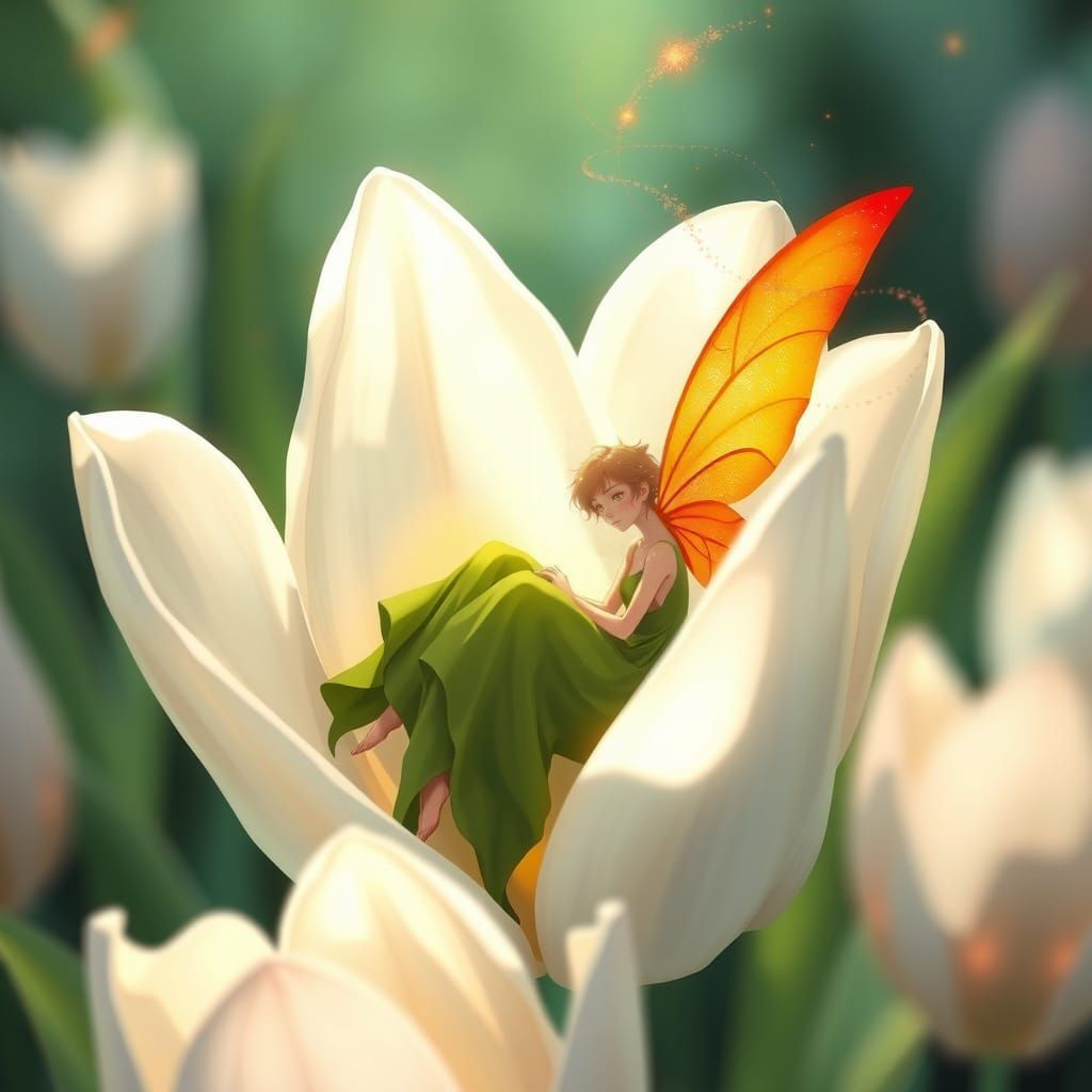 Whimsical Fairy Amidst Vibrant Tulip Blooms in Dreamlike Ani...