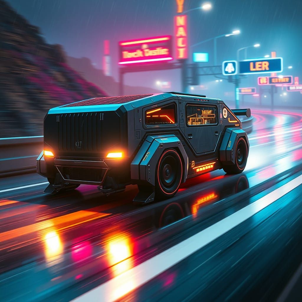 Modern Cyberpunk KITT Speeds Down Neon Highway