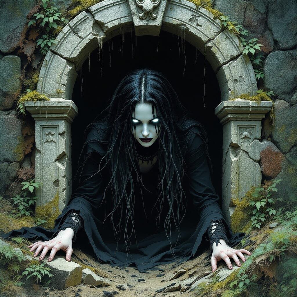 Gothic Lady Emerges from Ancient Grave