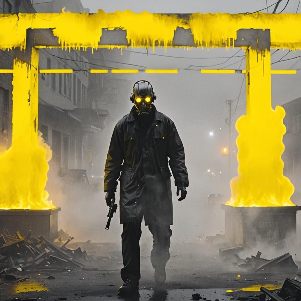 Burning Cityscape with Neon Lights and Giant Dogs