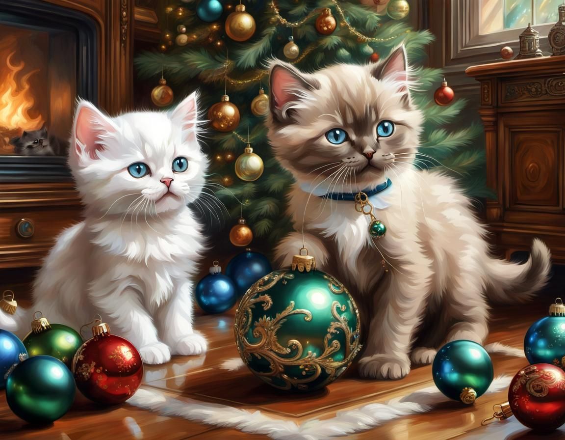 Kittens Play with Baubles in Steampunk Mansion