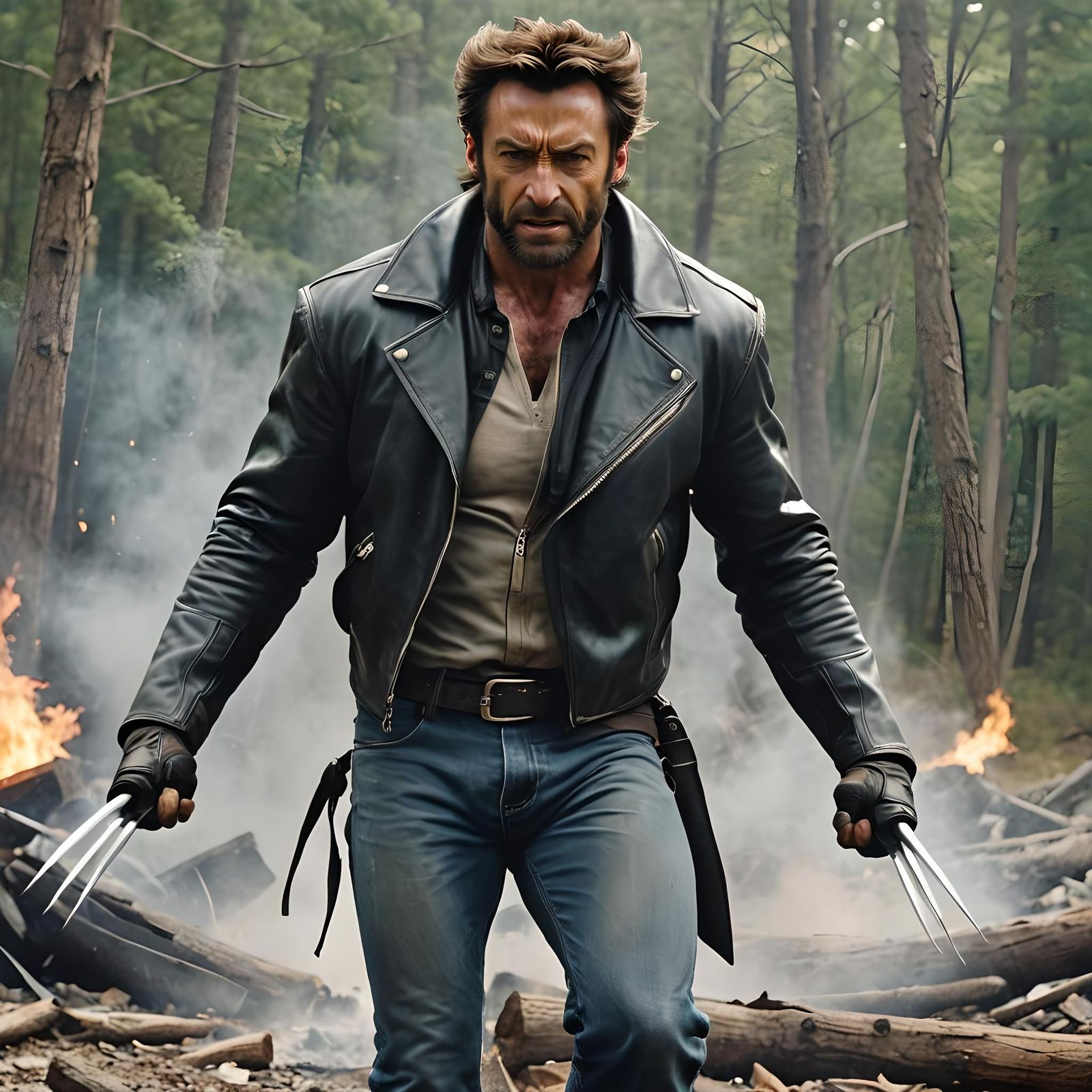 Wolverine Headshot with Metal Claws and Fiery Background