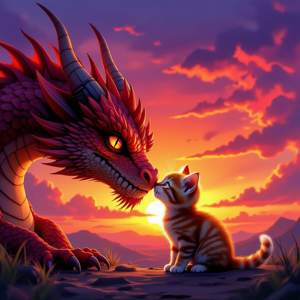Kitten Kisses Dragon at Fiery Sunset