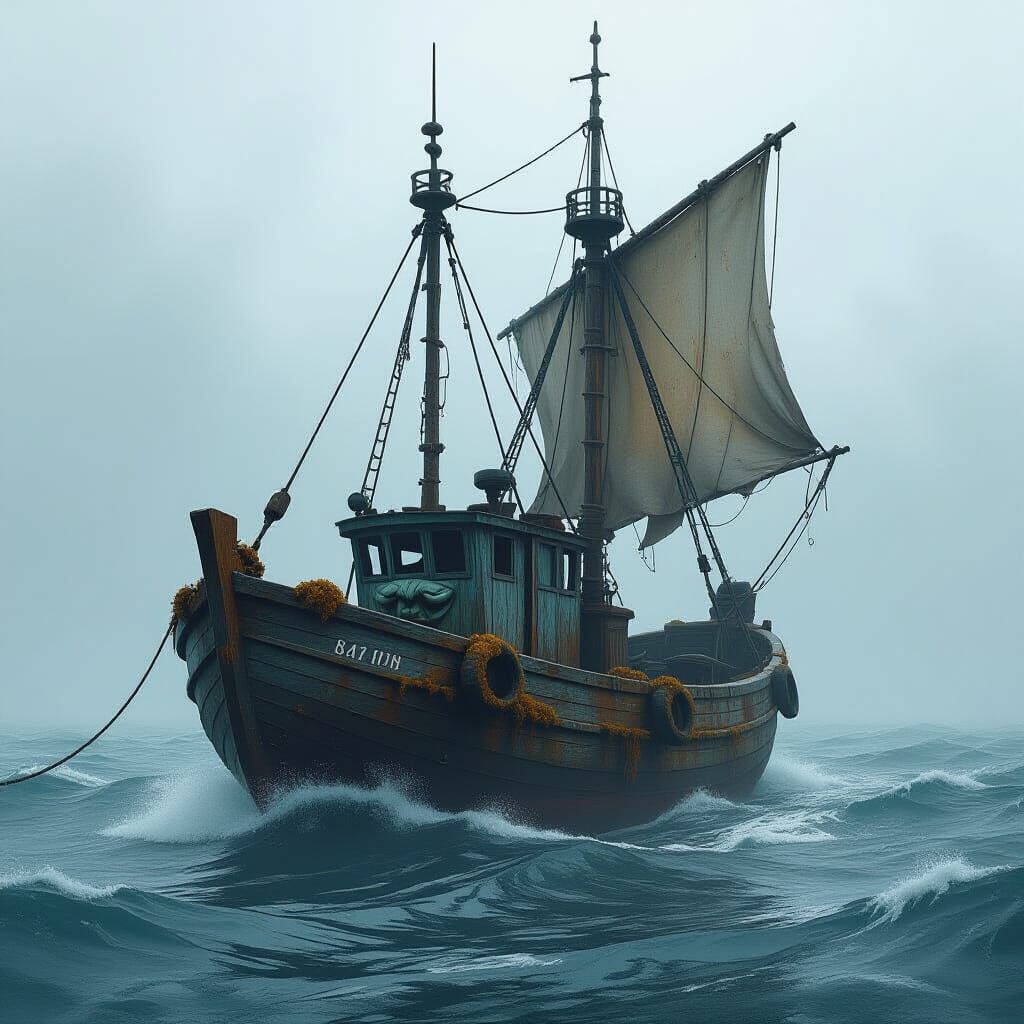 Weathered Fishing Boat with Grumpy Face on Misty Sea