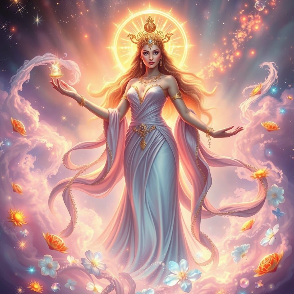 Ethereal Goddess Amidst Cosmic Blooms