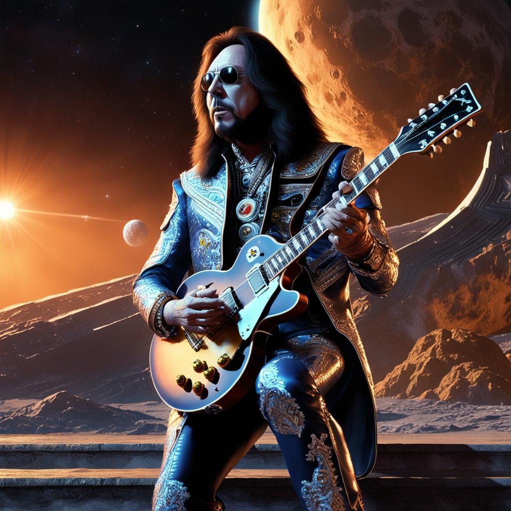 Guitarist on Moon with Rocket in Fantasy Art Style