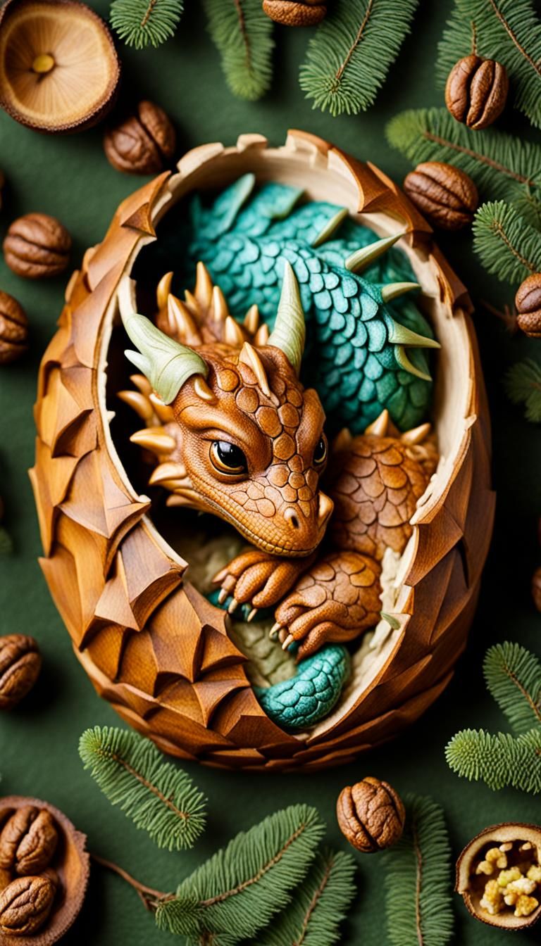 Dragon curled up in a walnut shell