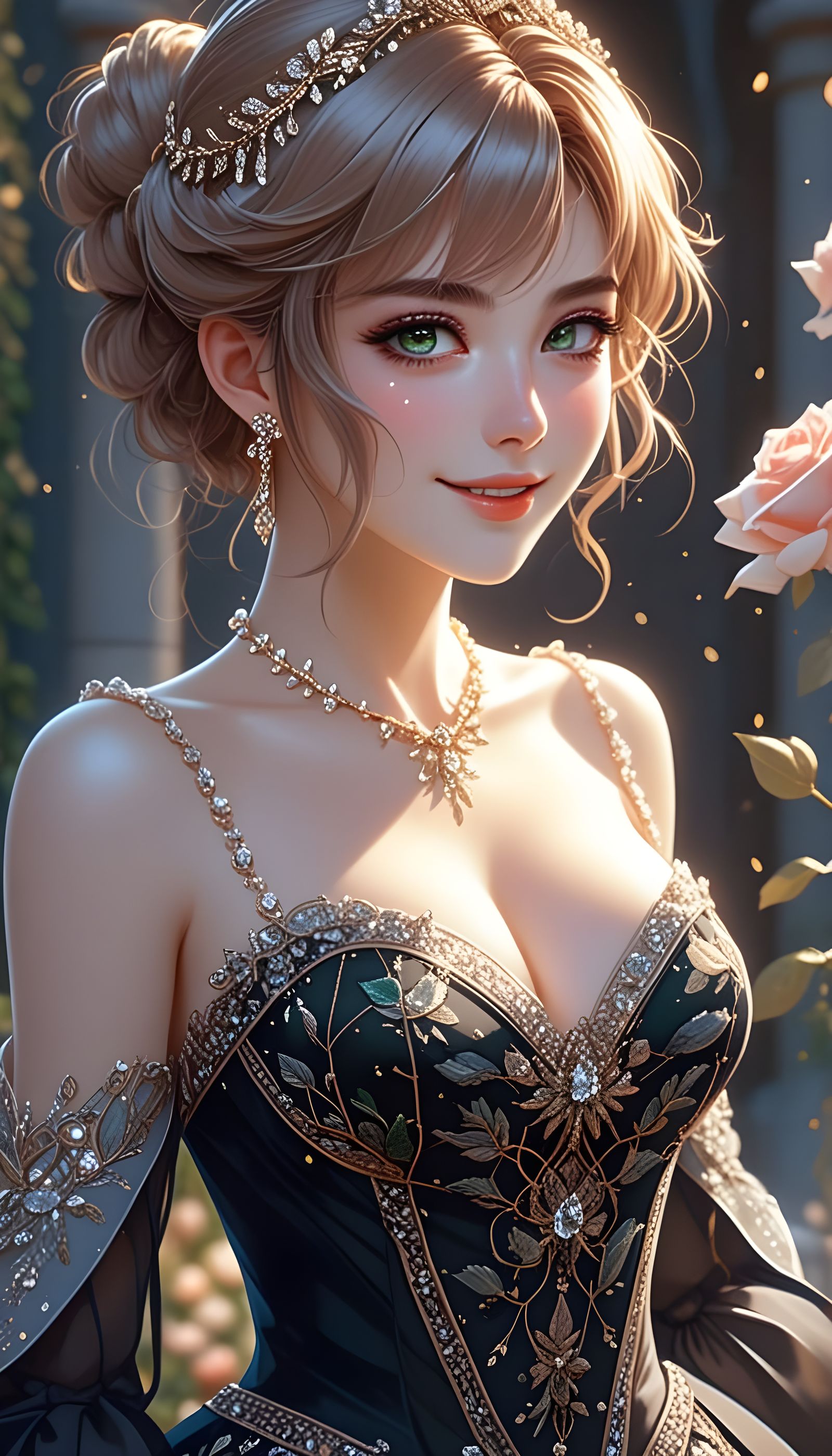 Elegant Young Noblewoman in a Regal Rose Garden