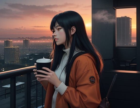 Contemplative Anime Girl in Sunset Cityscape