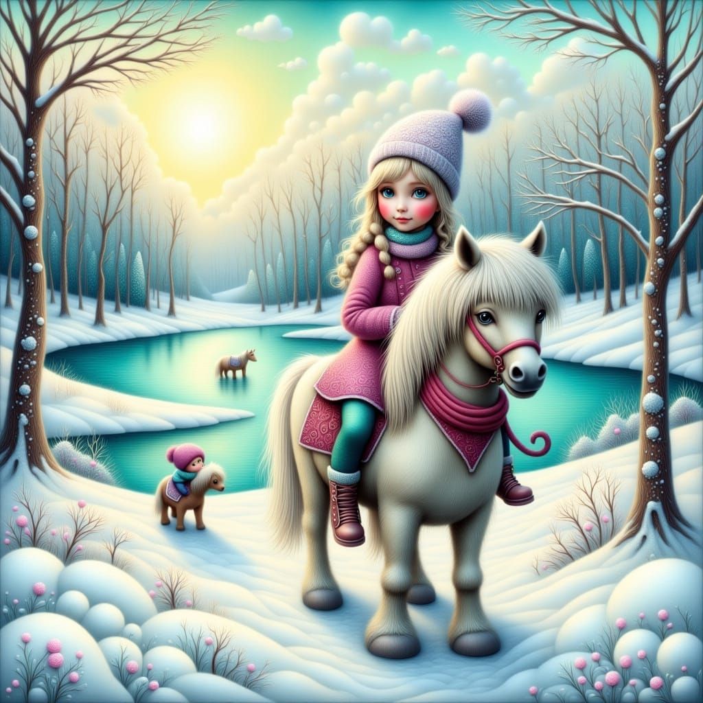Girl Rides Pony by Winter Lake in Airbrush Style