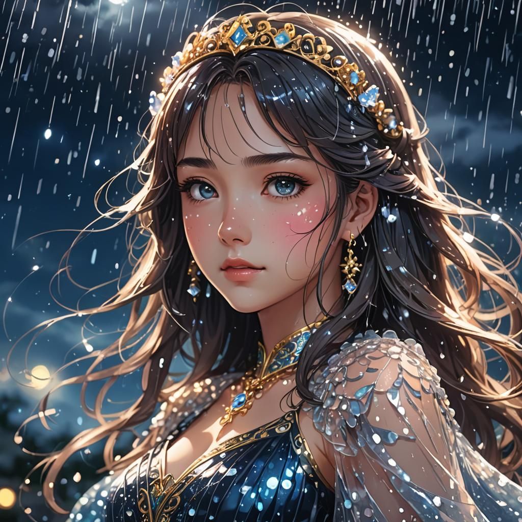 Anime Princess Portrait with Rain Dress and Jewelry