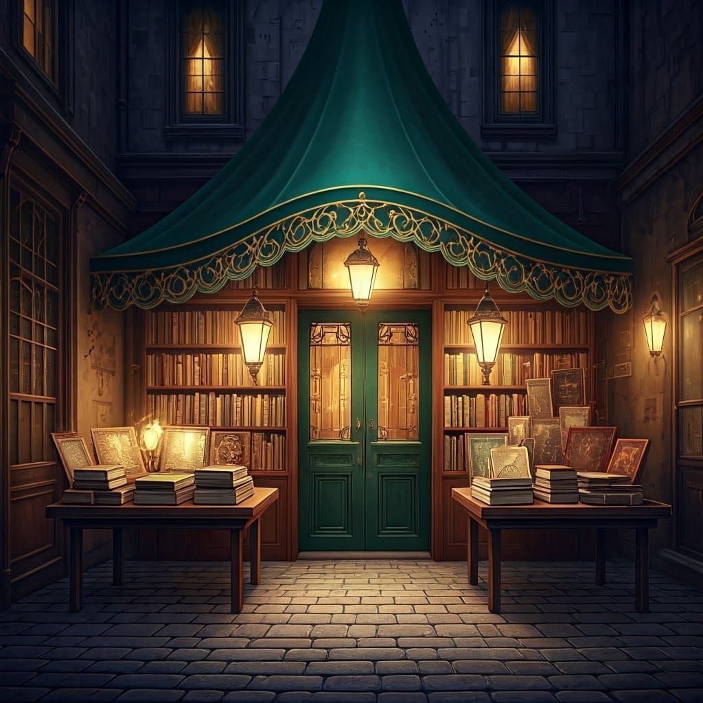 Charming Bookshop Entrance in Richly Detailed Matte Painting...