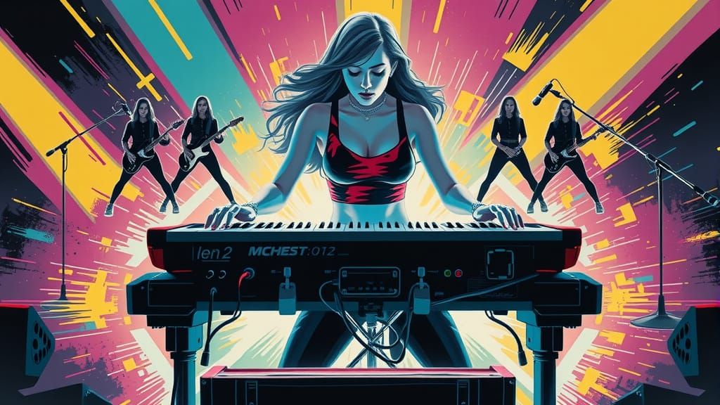 Energetic Rock Keyboardist in Futuristic Performance