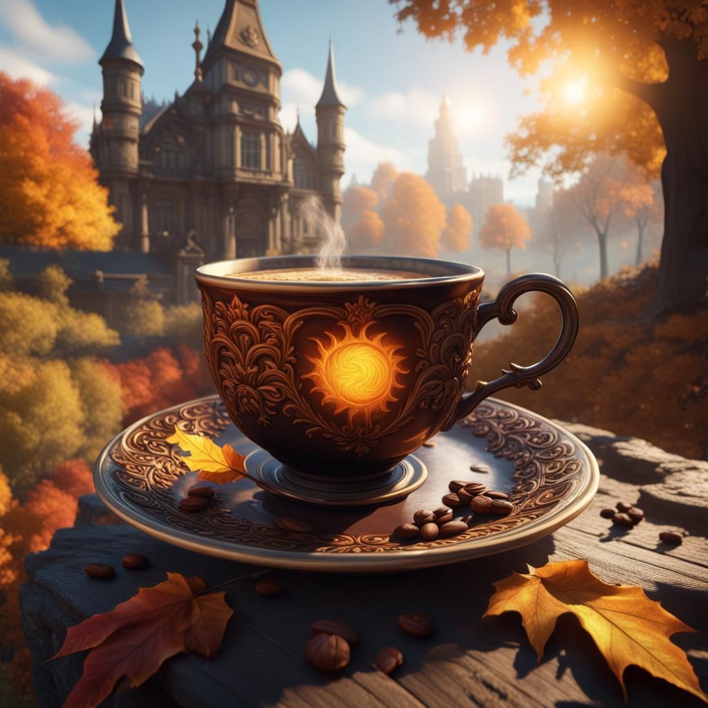 Autumn Scene: Old Woman with Coffee, Digital Art