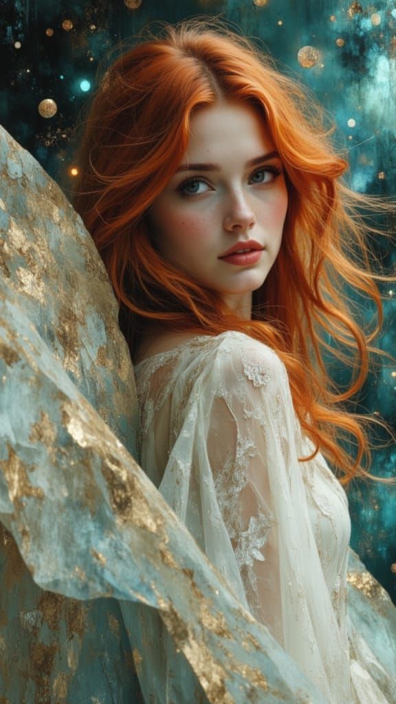 Ethereal Red-Haired Angel in a Cosmic Dreamscape