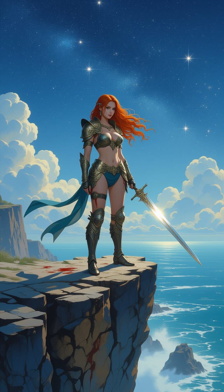 Red-Haired Warrior Princess on Windswept Cliff