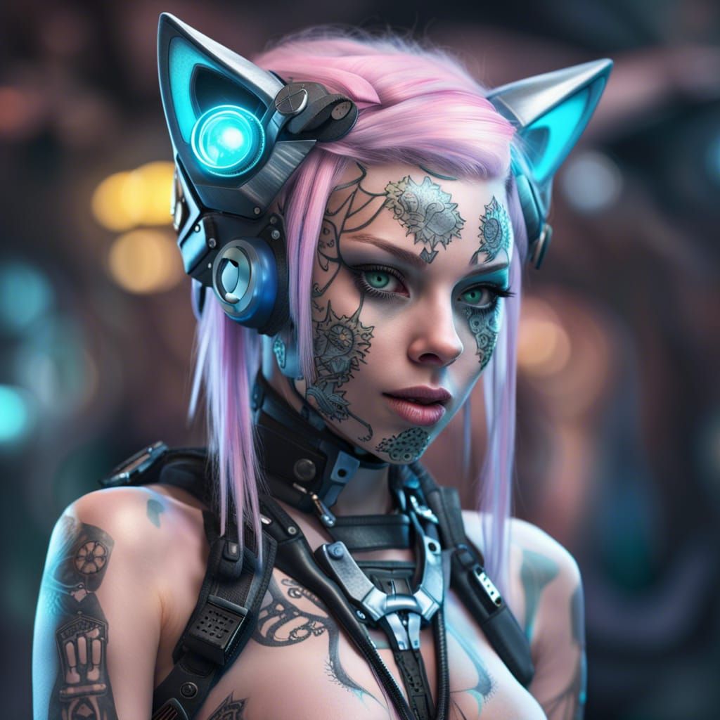 Pastel Cybergoth Catgirl with Cybernetic Enhancements