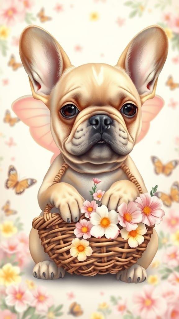 French Bulldog Puppy with Whimsical Butterfly Wings and Flor...