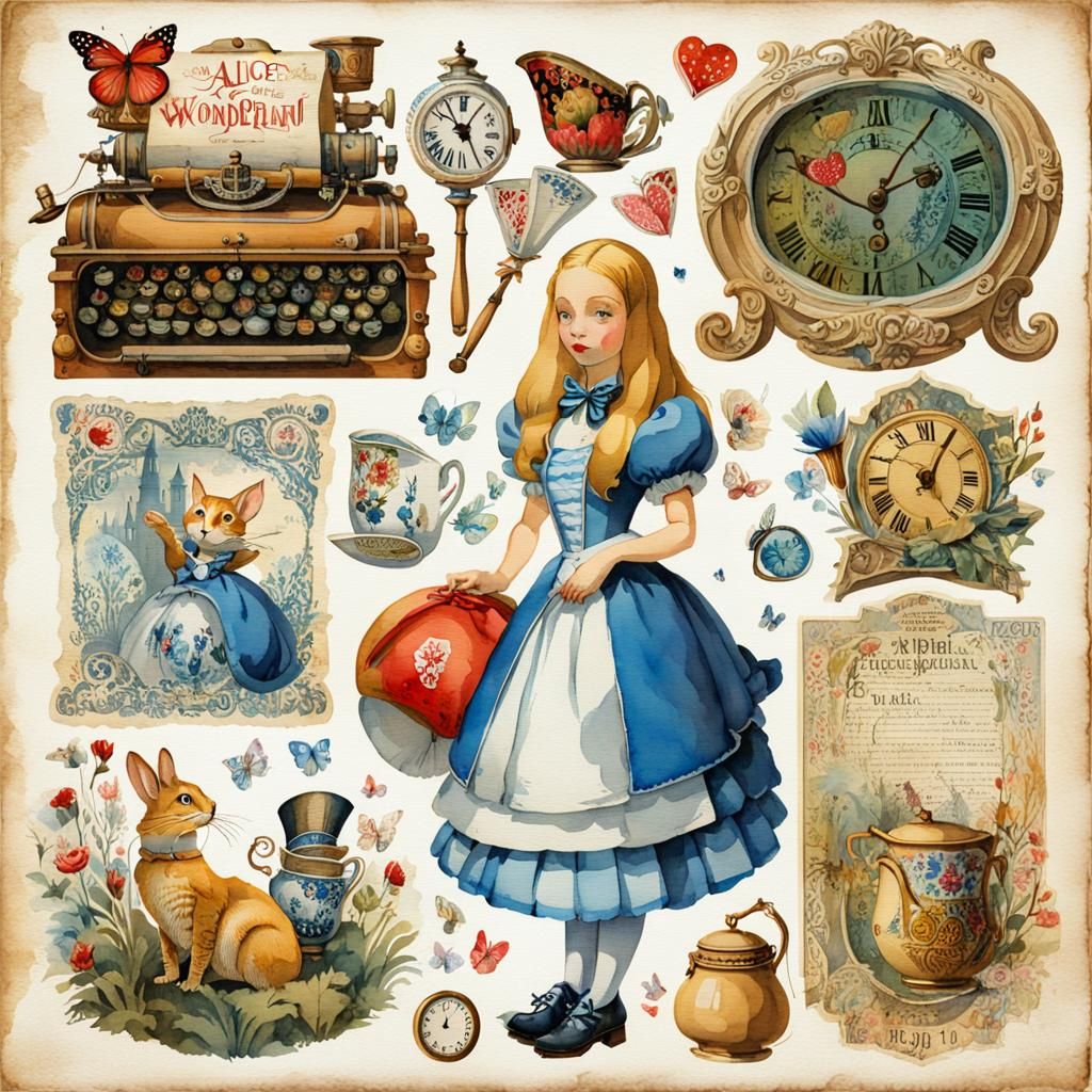 Alice in Wonderland Sticker Sheet in Watercolor Style