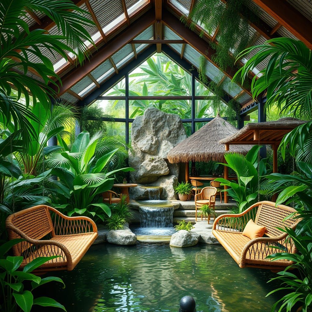 Lush Greenhouse Oasis with Tiki Bar, in Painterly Style
