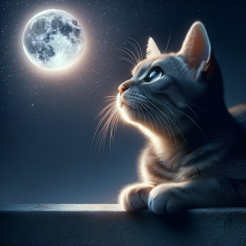 Cat Stares Intently at the Moon