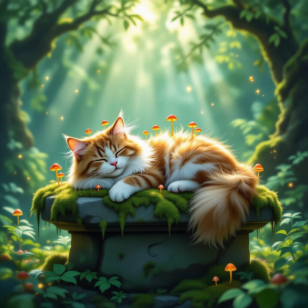 Enchanted Cat in Fairy Grove with Glowing Mushrooms
