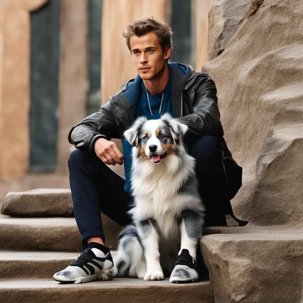 Hayden Christensen with Blue Merle Puppy Portrait